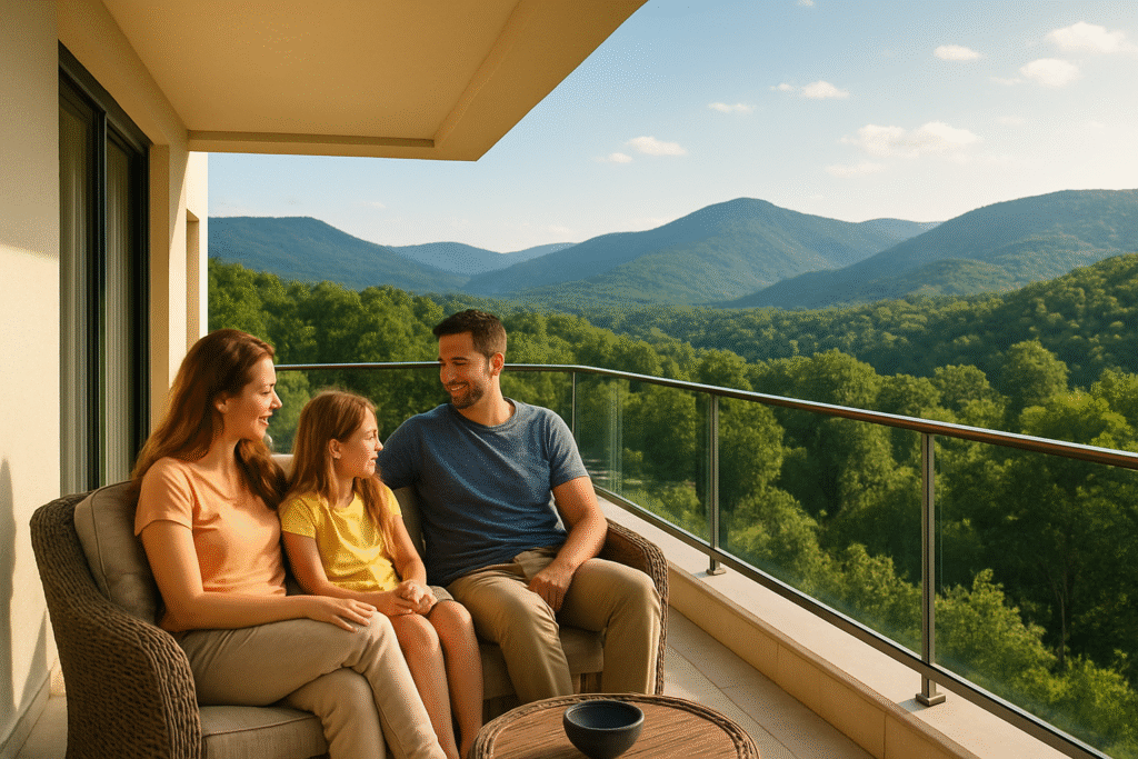 "Happy family sitting on villa balcony, looking at beautiful forest and mountain view in luxury gated community."