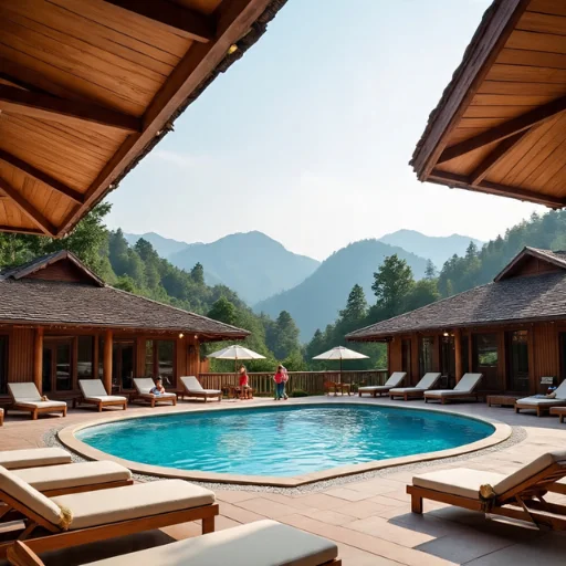 Luxe resort for sale in Jim Corbett, with swimming pool, wooden cottages, picturesque mountain view, perfect for running a tourism business in Uttarakhand.