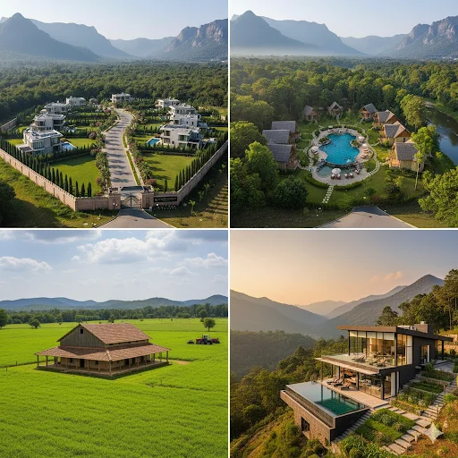 Composite homes in Jim Corbett with pool – Jim Corbett homes for sale – luxury villas in gated society, eco resorts with pool, farmhouse in lush green fields, and modern hillside villa with mountain views.