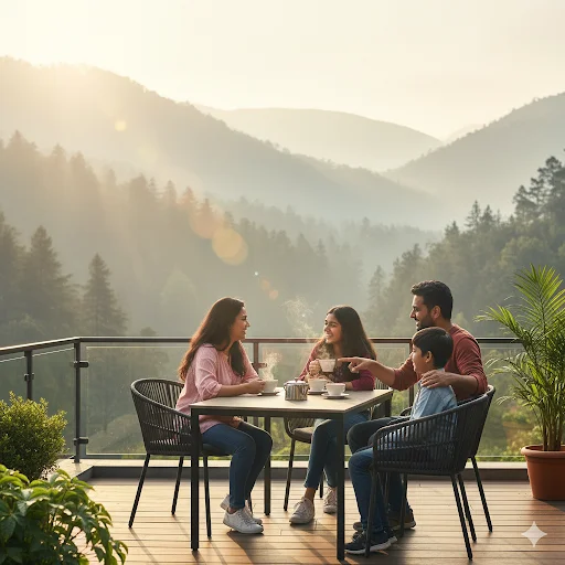 Happy family having morning tea on villa balcony in Jim Corbett with mountain & forest view - Indian lifestyle and property investment concept.