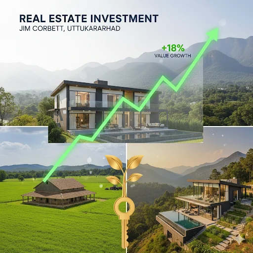 This Jim Corbett, Dehradun, Uttarakhand real estate investment ad showcasing mountain as backdrop and a modern villa with a value rising graph (+18% growth). Against this backdrop are smaller insets of a farm house and another luxury villa. A golden key is indicative of investment potential. The professionally designed infographic showcases the diversity and growth of property in the area.