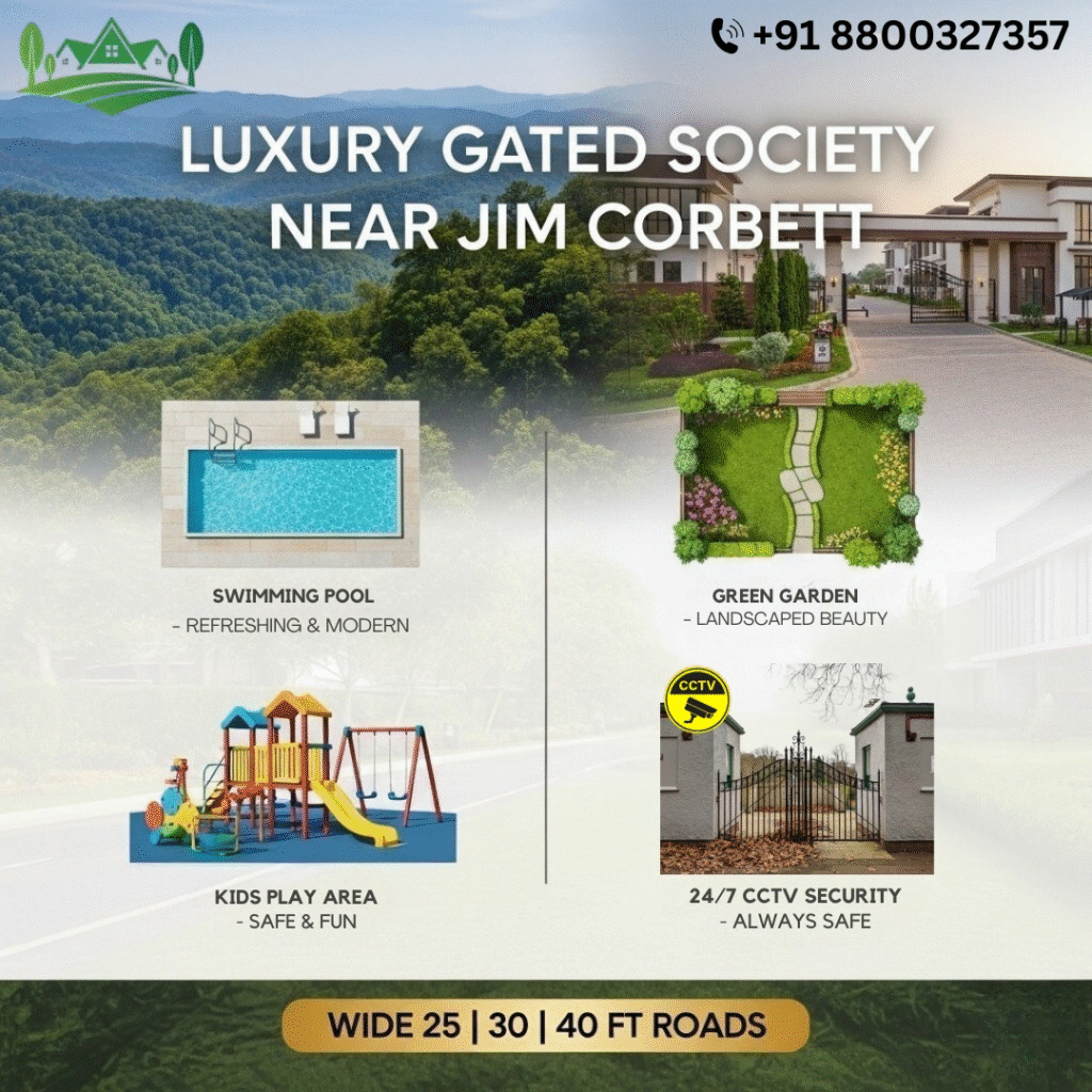 "Luxury gated society close to jim Corbett with modern facilities like swimming pool, garden, children play area,24*7 cctv security and 25-40 feet wide road."