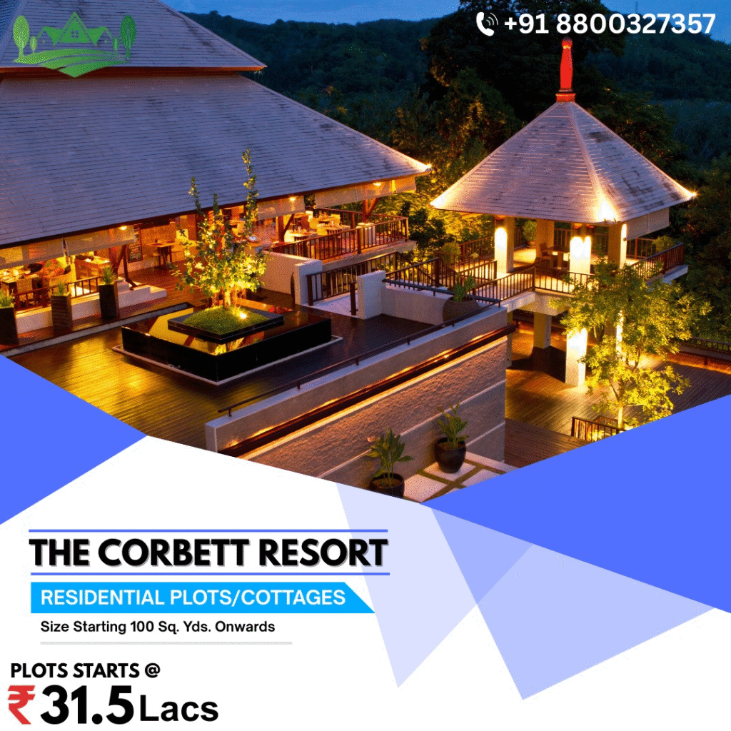 Premium resort style residential plots and cottages at The Corbett Resort with a picturesque view of lush green filed and ultimately deep forest, modern plan, highly secured campus. Plots for ₹31.5 Lacs, MAHESH ENCLAVE, from 100 sq. yds onwards. Contact +91 8800327357."