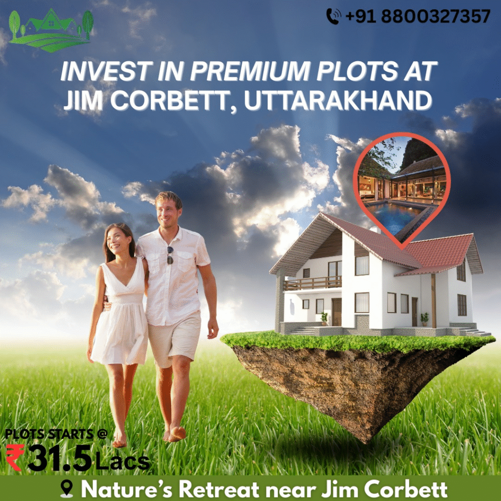 Couple walking on green grass with premium villa illustration, promoting plots for sale near Jim Corbett, Uttarakhand – investment starting at ₹31.5 lacs.