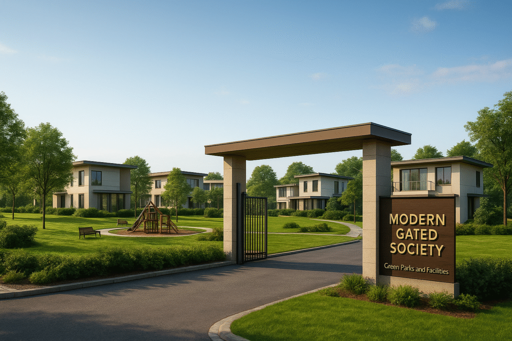 "Modern gated society with decorated green parks, children play zone and luxury villas with tree-covered open space".