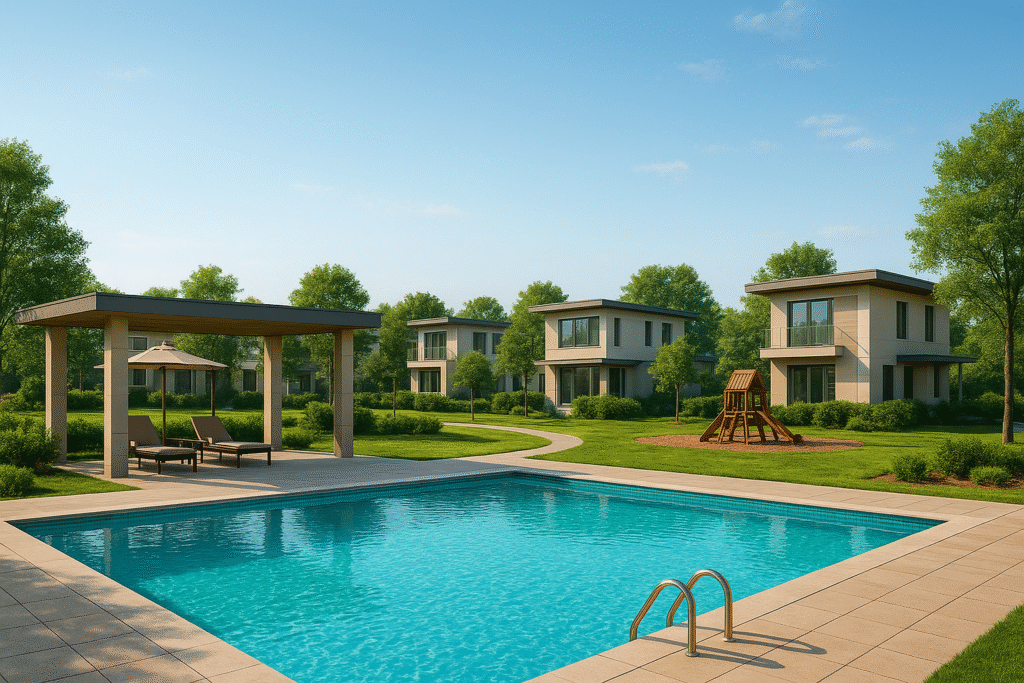 "Exclusive private development with contemporary villas and swimming pool, shaded lounge deck, kids play area and manicured green space.
